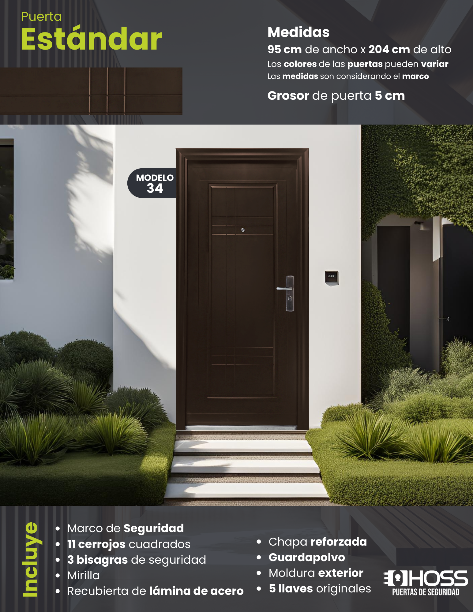 Puerta de Seguridad Modelo Estándar Hoss-34 Color Cafe